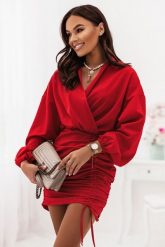 Czerwona Efektowna Sukienka z Marszczeniami. Czerwone sukienki Ivon, l, bez wzorów, z bawełny, wizytowe, bez kołnierzyka, bez ramiączek. Za 249.90 zł.