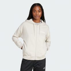 Bluza z kapturem Essentials Linear Full-Zip French Terry. Białe bluzy Adidas, m, bez wzorów, z materiału, z kapturem. Za 239.00 zł.
