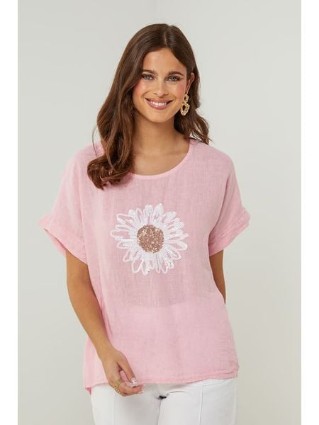 Lin Passion Lniana koszulka w kolorze jasnoróżowym rozmiar: 36/38. Różowe bluzki Lin Passion, bez wzorów, ze lnu, klasyczne, bez kołnierzyka, bez ramiączek. Za 132.05 zł.