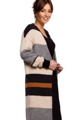 Długi sweter z w paski kolorowy kardigan z wełną szary. Szare kardigany Polskie swetry, l, bez wzorów, z wełny. Za 289.00 zł.