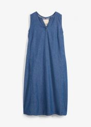 Sukienka jeansowa. Niebieskie sukienki bonprix, bez wzorów, z jeansu, bez kołnierzyka, bez ramiączek, midi. Za 149.99 zł.