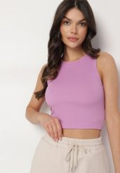 Jasnofioletowy Krótki Tank Top z Prążkowanej Tkaniny Nevallia. Fioletowe topy Born2be, l, bez wzorów, z jeansu, bez kołnierzyka, bez ramiączek. Za 24.99 zł.