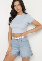Jasnoniebieski Bawełniany Prążkowany T-shirt Nelzedi. Niebieskie t-shirty Born2be, m, bez wzorów, z bawełny, bez kołnierzyka, bez ramiączek. Za 39.99 zł.
