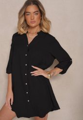 Czarna Pudełkowa Sukienka Bawełniana Oversize z Dekoltem w Serek Elavellis. Czarne sukienki Renee, na co dzień, m, bez wzorów, z bawełny, eleganckie, bez kołnierzyka, bez ramiączek, mini, oversize. Za 99.99 zł.