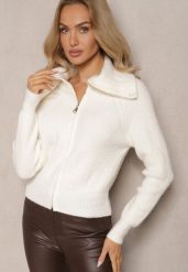 Biały Kardigan z Wełną o Kroju z Golfem i Zapięciem na Zamek Zinfria. Białe golfy Renee, bez wzorów, z dzianiny, bez ramiączek. Za 64.99 zł.