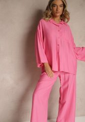 Fuksjowy Wiskozowy Komplet Oversize Koszula i Spodnie Wide Leg Zierana. Czerwone koszule Renee, bez wzorów, z materiału, bez kołnierzyka, bez ramiączek. Za 99.99 zł.