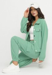 Zielone Spodnie w Stylu Cargo z Wysokim Stanem Belseli. Zielone spodnie materiałowe Born2be, na co dzień, m, bez wzorów, z jeansu, z podwyższonym stanem. Za 34.99 zł.