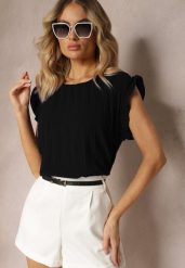 Czarny Plisowany Top Koszulka z Krótkim Rękawem Meavina. Czarne bluzki Renee, l, bez wzorów, eleganckie, bez kołnierzyka, bez ramiączek. W wyprzedaży za 34.99 zł.