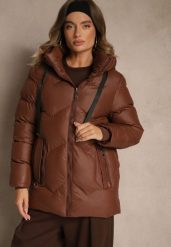 Brązowa Kurtka Pikowana z Kapturem i Sznurkami Oleanesa. Brązowe kurtki narciarskie Renee, l, bez wzorów, z jeansu, z kapturem, narciarskie. Za 149.99 zł.