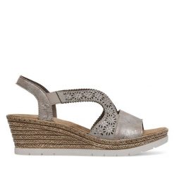 Sandały Rieker. Szare sandały Rieker, bez wzorów, bez obcasa, na koturnie, bez zapięcia. Za 299.99 zł.