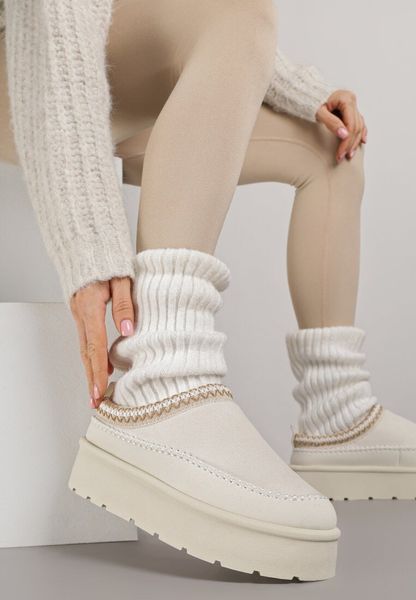 Beżowe Śniegowce Ocieplone na Platformie z Ozdobnym Wyszywaniem Reitenna. Brązowe trapery i śniegowce Born2be, z jeansu. Za 69.99 zł.