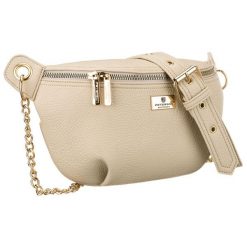 Beżowa saszetka damska ze skóry ekologicznej zamykana suwakiem, zawieszona na regulowanym pasku - Peterson. Brązowe torby na ramię Peterson, bez wzorów, ze skóry ekologicznej, eleganckie, bez dodatków. Za 71.99 zł.