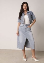 Niebieska Jeansowa Spódnica z Bawełną Wysokim Stanem i Rozcięciem z Przodu Cannate. Niebieskie spódnice Born2be, na co dzień, l, bez wzorów, z bawełny, midi. Za 99.99 zł.