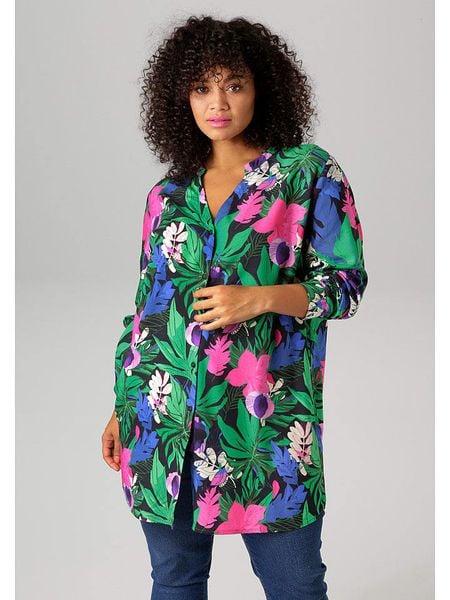 Aniston Bluzka w kolorze zielono-różowo-czarnym rozmiar: 52. Czarne bluzki Aniston, bez wzorów, z wiskozy, bez kołnierzyka, bez ramiączek. Za 88.02 zł.