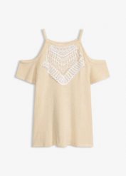 Koszulka dzianinowa z koronką. Brązowe bluzki bonprix, bez wzorów, z dzianiny, eleganckie, bez kołnierzyka, bez ramiączek. Za 34.99 zł.