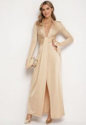 Beżowa Koktajlowa Sukienka z Usztywnioną Linią Ramion i Rozkloszowanymi Rękawami Semirienne. Brązowe sukienki Born2be, m, bez wzorów, wizytowe, bez kołnierzyka, bez ramiączek, rozkloszowane. Za 79.99 zł.