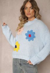Jasnoniebieski Sweter z Wiskozą i Kwiatowym Motywem Labrienna. Niebieskie swetry Renee, l, z aplikacjami, z wiskozy, bez ramiączek. Za 99.99 zł.