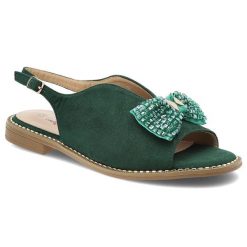Sandały damskie S. Barski, z kokardą na płaskim obcasie materiałowe ze sprzączką, zielone, KV51-014. Zielone sandały S.BARSKI, bez wzorów, z materiału, eleganckie, bez obcasa, na płaskiej podeszwie, bez zapięcia. Za 109.00 zł.
