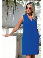 Bleu d'Azur Lniana sukienka "Vanna" w kolorze niebieskim rozmiar: 34. Niebieskie sukienki Bleu d'Azur, na co dzień, w ażurowe wzory, ze lnu, klasyczne, bez kołnierzyka, bez ramiączek, mini, proste. Za 114.44 zł.