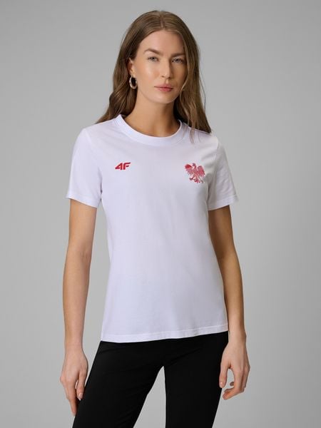 4F Koszulka kibica damska - biała L. Białe bluzki 4f, l, bez wzorów, z bawełny, klasyczne, bez kołnierzyka, bez ramiączek. Za 49.99 zł.