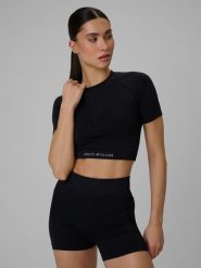 4F Crop top treningowy bezszwowy damski - czarny XS/S. Czarne topy 4f, s, bez wzorów, z materiału, bez kołnierzyka, bez ramiączek. Za 79.99 zł.
