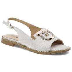 Sandały damskie S. Barski, ze sprzączką eleganckie z ozdobą na płaskim obcasie, srebrne, KV51-043. Szare sandały S.BARSKI, z aplikacjami, eleganckie, bez obcasa, na płaskiej podeszwie, bez zapięcia. Za 149.00 zł.