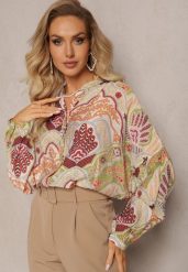 Beżowo-Zielona Koszula z Wiskozą Zapinana Guzikami w Modny Wzór z Ornamentami Mingula. Brązowe koszule Renee, l, bez wzorów, z wiskozy, klasyczne, bez kołnierzyka, bez ramiączek. Za 79.99 zł.