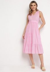 Różowa Bawełniana Sukienka Midi Rozkloszowana z Troczkiem i Ozdobnymi Haftami Kirriela. Czerwone sukienki Born2be, na lato, l, bez wzorów, z bawełny, bez kołnierzyka, bez ramiączek, midi, rozkloszowane. Za 99.99 zł.