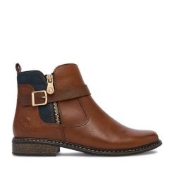 Botki Rieker. Brązowe botki Rieker, bez wzorów, bez obcasa, na płaskiej podeszwie, bez zapięcia. Za 429.99 zł.