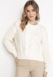 Jasnobeżowy Sweter z Bawełną i Wełną z Warkoczykowym Splotem Venqille. Brązowe swetry Born2be, m, bez wzorów, z bawełny, bez ramiączek. Za 89.99 zł.