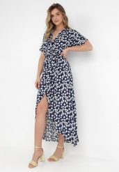 Granatowa Sukienka Achanie. Niebieskie sukienki Born2be, m, bez wzorów, z materiału, z asymetrycznym kołnierzem, bez ramiączek, maxi, asymetryczne. Za 79.99 zł.
