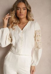Beżowa Koszula z Bawełny z Koronką i Haftowanymi Zdobieniami Galedia. Brązowe koszule Renee, l, z aplikacjami, z bawełny, eleganckie, bez kołnierzyka, bez ramiączek. Za 99.99 zł.