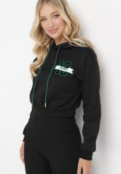 Czarna Bluza o Krótkim Fasonie z Kapturem i Ściągaczami oraz Nadrukiem Varel. Czarne bluzy Born2be, l, bez wzorów, z kapturem. Za 34.99 zł.