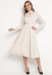 Beżowa Rozkloszowana Sukienka z Ozdobnym Wycięciem i Usztywnioną Linią Ramion Rivfedi. Brązowe sukienki Born2be, na co dzień, l, bez wzorów, eleganckie, bez kołnierzyka, bez ramiączek, midi, proste. Za 139.99 zł.