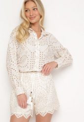 Beżowy Bawełniany Komplet z Haftowanej Tkaniny Koszula z Guzikami i Krótkie Szorty z Frędzlami Kolbia. Brązowe koszule Born2be, m, bez wzorów, z bawełny, eleganckie, bez kołnierzyka, bez ramiączek. Za 209.99 zł.