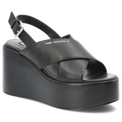 Czarne Sandały Karl Lagerfeld Eleganckie Obuwie Damskie Na Koturnie. Czarne sandały KARL LAGERFELD, bez wzorów, ze skóry, eleganckie, bez obcasa, na koturnie, bez zapięcia. Za 755.99 zł.