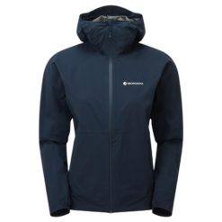 Kurtka przeciwdeszczowa z kapturem dla kobiet Montane Minimus Lite. Niebieskie kurtki sportowe Montane, bez wzorów, z kapturem, trekkingowe. Za 955.60 zł.