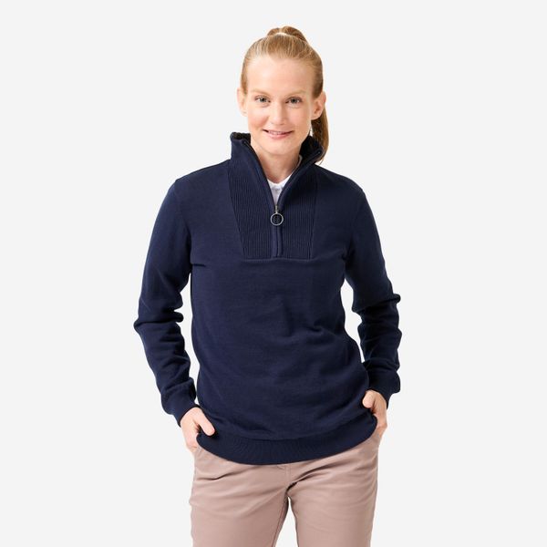 Sweter do golfa damski wiatroszczelny MW500 z wysokim kołnierzem. Niebieskie golfy INESIS, xl, bez wzorów, z bawełny, bez ramiączek. Za 199.99 zł.