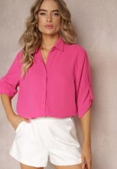 Fuksjowa Koszula z Kołnierzem i Długimi Rękawami na Guzik Henvia. Czerwone koszule Renee, l, bez wzorów, bez kołnierzyka, plus size, bez ramiączek. Za 59.99 zł.