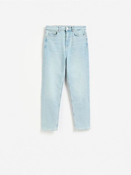Jeansy mom slim - niebieski. Niebieskie jeansy Reserved, bez wzorów. Za 139.99 zł.