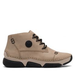 Botki Rieker. Brązowe botki Rieker, bez wzorów, bez obcasa, na płaskiej podeszwie, bez zapięcia. Za 339.99 zł.