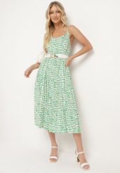 Zielona Wiskozowa Sukienka z Cienkimi Ramiączkami Ozdobiona Guzikami i Falbanką Vikini. Zielone sukienki Born2be, l, bez wzorów, z materiału, klasyczne, bez kołnierzyka, bez ramiączek, midi. Za 89.99 zł.
