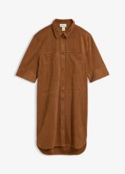Sukienka szmizjerka z imitacji zamszu. Brązowe sukienki bonprix, bez wzorów, bez kołnierzyka, bez ramiączek, szmizjerki. Za 259.99 zł.