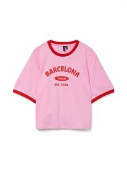 Vero Moda Koszulka w kolorze jasnoróżowo-czerwonym rozmiar: XS. Czerwone bluzki Vero Moda, xs, bez wzorów, z bawełny, bez kołnierzyka, bez ramiączek. Za 61.89 zł.