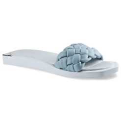 Klapki damskie Chebello, naturalna skóra licowa z szerokim plecionym paskiem wsuwaną konstrukcją oraz płaską podeszwą, niebieskie, 2609-366-PSK. Niebieskie klapki CheBello, bez wzorów, ze skóry, bez obcasa, na płaskiej podeszwie. Za 199.00 zł.