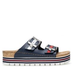 Klapki Rieker. Niebieskie klapki Rieker, bez wzorów, bez obcasa. Za 289.99 zł.