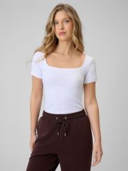 4F T-shirt slim gładki damski - biały XS. Białe t-shirty 4f, xs, bez wzorów, z tkaniny, bez kołnierzyka, bez ramiączek. Za 79.99 zł.