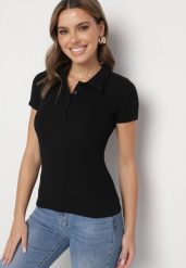 Czarny Bawełniany T-shirt Prążkowany Typu Polo z Guzikami Avelavia. Czarne koszulki polo Born2be, m, bez wzorów, z bawełny, bez kołnierzyka, bez ramiączek. W wyprzedaży za 55.24 zł.