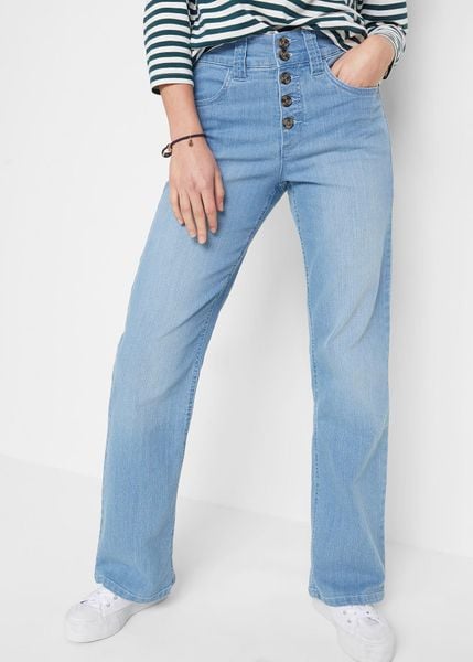 Jeansy ze stretchem, high waist, straight. Niebieskie jeansy bonprix, bez wzorów, z podwyższonym stanem. Za 109.99 zł.