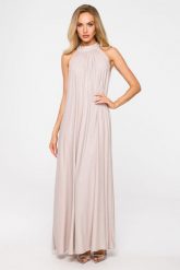 Brokatowa Maxi Sukienka z Dekoltem Typu Halter - Szampańska. Brązowe sukienki MOE, uniwersalny, bez wzorów, z elastanu, wizytowe, bez kołnierzyka, bez ramiączek, maxi. Za 296.05 zł.